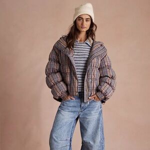 Free People Party of One Plaid Puffer jacket in tan combo- NWT XS Sold Out